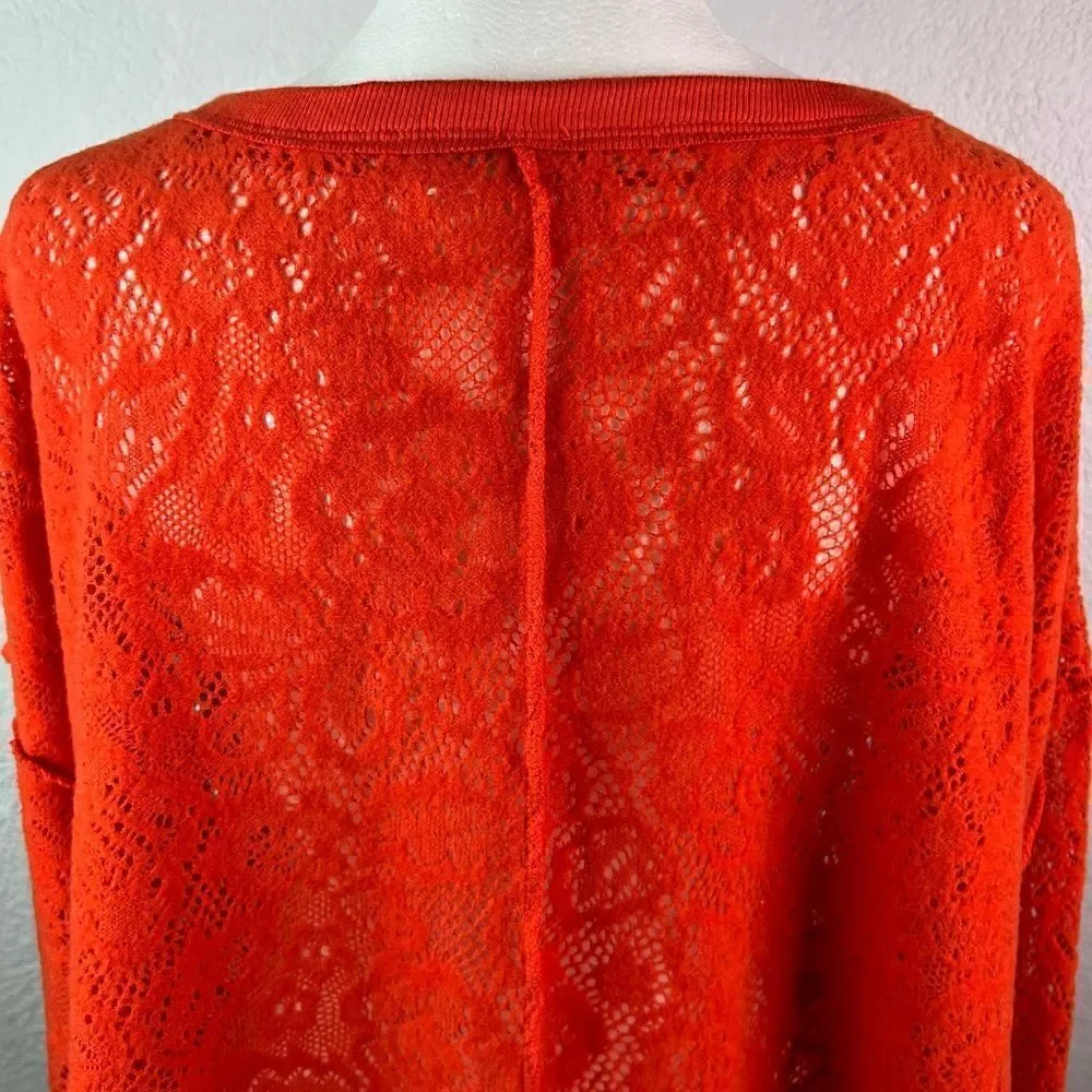 Free People Oversized Orange Long Sleeve Top Semi-Sheer Lacy Size XS Bohemian